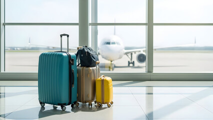 Ready for takeoff colorful luggage waits by the bright airport window overlooking a parked jetliner
