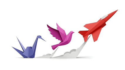Stunning origami progression showing transformation from peace and hope to dynamic business achievement and rapid growth