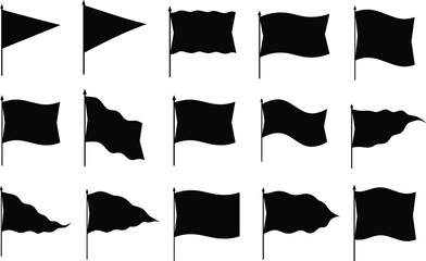 Collection of Black Flags Waving on Poles in Various Shapes and Styles waving flag