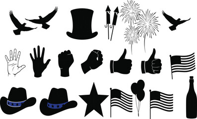 Collection of black silhouette icons including American flags, hats, fireworks, birds, hands, and a bottle