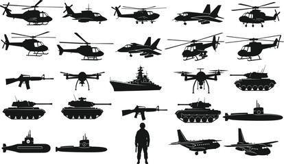 Collection of black silhouette military vehicles aircraft and soldier helicopter