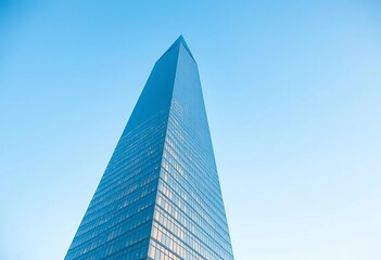Sleek glass skyscraper stands alone against clear sky, isolated, design