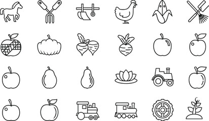 Collection of farm and garden icons including horse chicken tractor fruits and vegetables