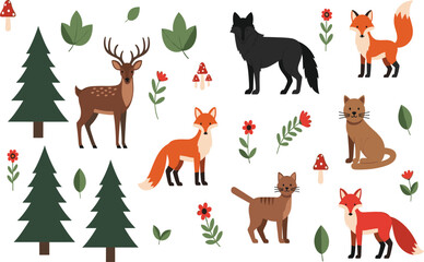 Flat design forest animals and plants on white background deer wolf