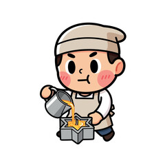 Cartoon Foundry Worker Pouring Molten Metal into Star Mold.