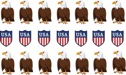 Multiple American bald eagles and U S A shield emblems arranged in rows United States