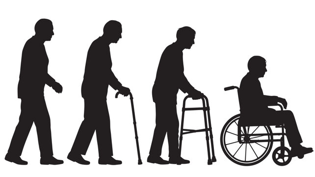 Aging process silhouette showing stages of life from young adult to elderly in wheelchair vector illustration on white background