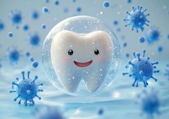 Happy cartoon tooth protected inside a transparent bubble surrounded by blue virus particles representing dental health and protection
