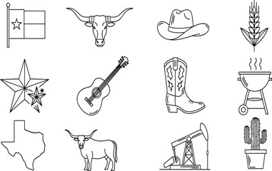 Texas themed icons including flag longhorn cowboy hat guitar boot cactus oil pump and grill