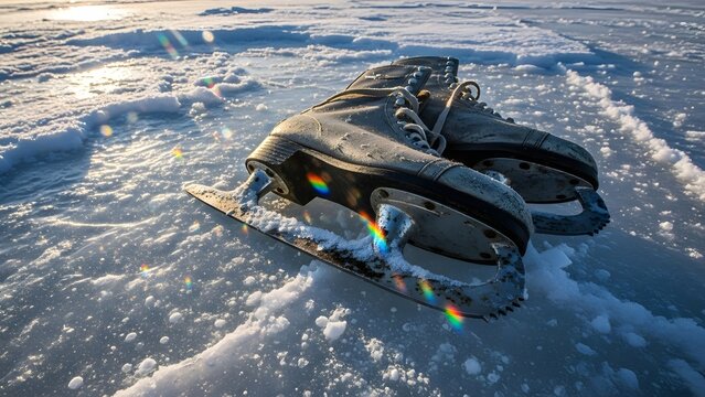 A pair of ice skates resting on a frozen lake surface with sunlight reflecting off the ice crystals - Powered by Adobe