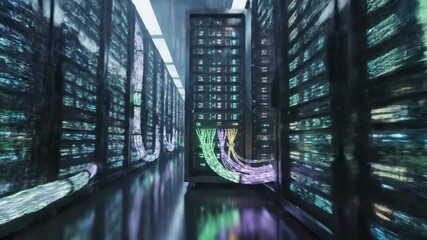A perspective shot of a server room with numerous servers and cables illuminated with vibrant colors - Powered by Adobe