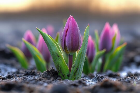 Close-up of vibrant purple tulip buds emerging from rich soil with soft natural light creating a fresh and hopeful atmosphere