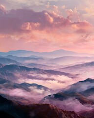 A serene mountain sunrise, symbolizing resilience and hope, with soft hues illuminating the peaks and valleys.