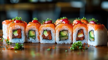 Close-up view of a row of sushi rolls with salmon topping, avocado, cucumber, and garnished with green herbs and red sauce on a wooden surface