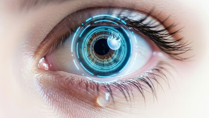 Futuristic eye with digital technology interface, symbolizing advanced vision, artificial intelligence, and the merge of human perception with cybernetic data