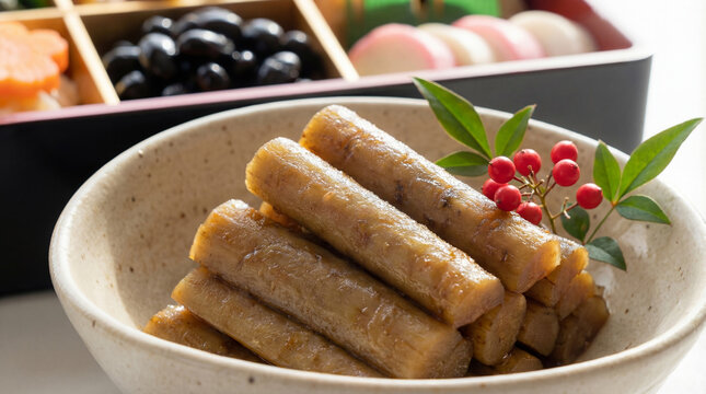 日本の正月を彩る伝統の味：たたきごぼうと華やかおせち料理