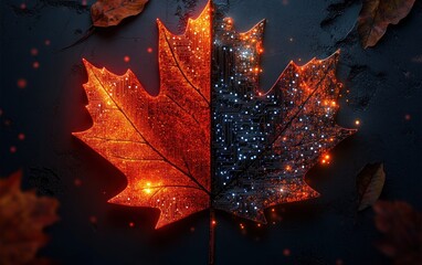 Autumn leaf split into two halves showing fiery glowing circuit board patterns in orange and blue on a dark surface with scattered dry leaves