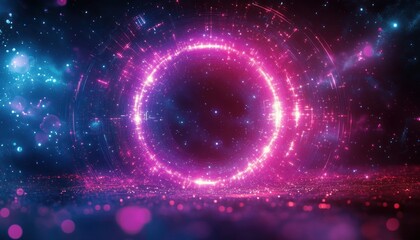 Glowing neon pink and purple circular digital portal with sparkling particles and cosmic background creating futuristic and mysterious atmosphere