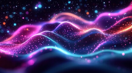 Abstract vibrant waves of multicolored glowing dots and lines flowing in a dark space creating a sense of motion and depth