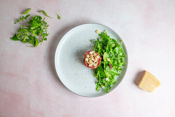 Beef Carpaccio cold appetizer with parmesan