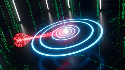 Dynamic red dart strikes the glowing digital bullseye amid falling green binary code in a futuristic cyberspace environment