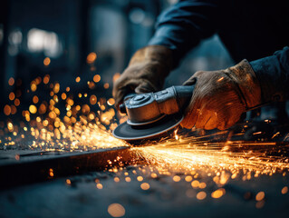 working hands of Industrial factory worker who is working with bokeh fire spark angle grinder on metal tube in a factory.