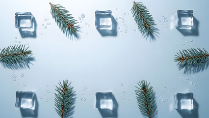 A set of green pine Christmas trees with branches and holiday decorations in a winter nature frame