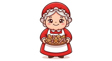 Cute Cartoon Mrs. Claus Holding Tray of Gingerbread Cookies
