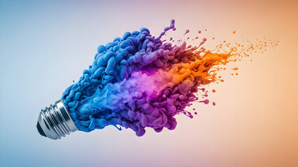 Stunning light bulb concept explodes with vibrant blue purple and orange ink dispersion representing creative energy and innovation