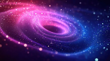 Vibrant digital swirl of glowing dots in purple and blue hues creating a dynamic, cosmic, and energetic vortex effect