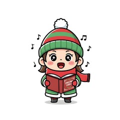 Cute Girl Singing Christmas Carols Mascot Illustration