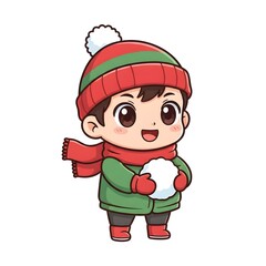 Cute Boy Holding a Snowball in Winter Clothes Mascot Illustration