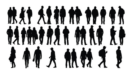 Diverse silhouettes of people walking and standing isolated on white background, Vector
