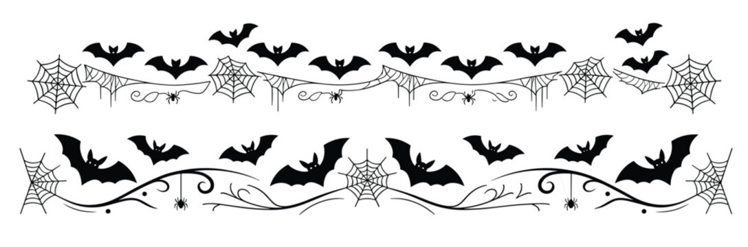 black silhouette bats and spiders on webs decorative borders 