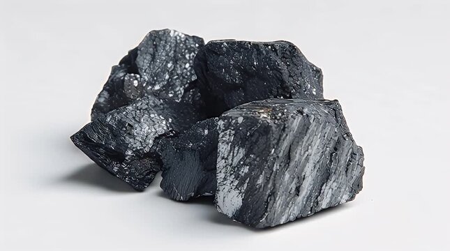 Close-up of several dark, rough-textured chunks arranged on a pale, smooth background. Light reflects on the surfaces