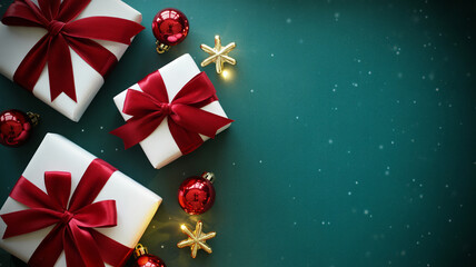 Christmas gifts with red ribbon and ornaments on green background winter holiday