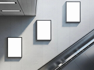 Inside a modern station interior, three rectangular blank advertising displays are mounted on a rough, textured light gray wall. Each display has a thin black frame and is placed at varying heights. A