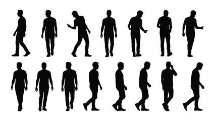 Male silhouettes in various poses isolated on white background, Vector