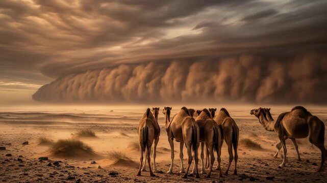 Camels Facing Impending Sandstorm near Bikaner, Rajasthan with Ethereal Golden Light and Dramatic Sky for Festival Use