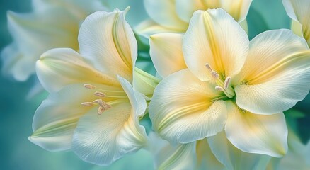 Fototapeta premium close-up of delicate creamy yellow lilies with soft green background evoking tranquility and natural beauty