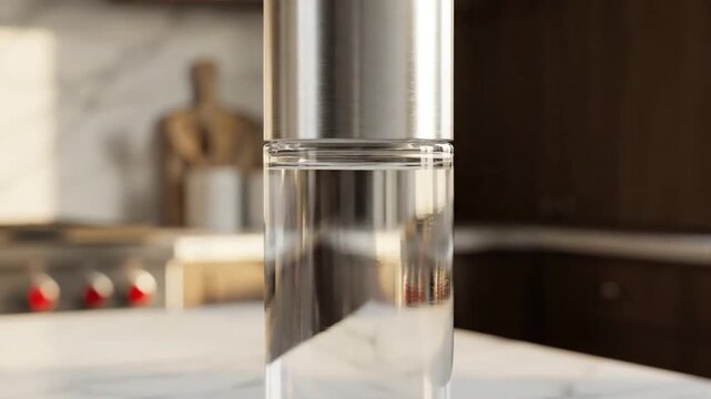 A clear perfume bottle sits on a marble surface.