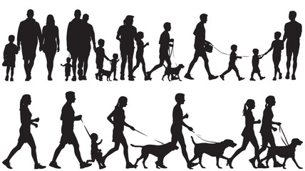 Obraz premium Set of family silhouettes walking parents with children and dogs vector illustration isolated on white background