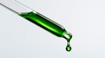 Emerald Essence: Close-up of a pipette dispensing a single drop of vibrant green liquid, capturing the essence of science and precision.