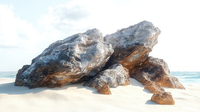 Large weathered rocks resting on sandy beach with calm ocean and cloudy sky in the background - Powered by Adobe