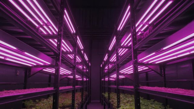 A modern indoor vertical farm with multiple levels of purple LED grow lights illuminating rows of plants.