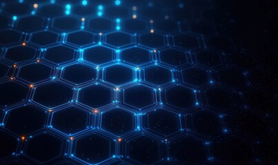 Blue illuminated hexagonal grid pattern on dark background with glowing connection points creating a futuristic and technological atmosphere