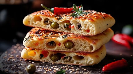 Three stacked pieces of freshly baked flatbread stuffed with green olives and herbs, garnished with sesame seeds and red chili peppers on a dark surface