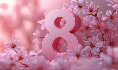 large pink number eight surrounded by delicate light pink cherry blossoms with soft bokeh background, evoking gentle and serene springtime emotion