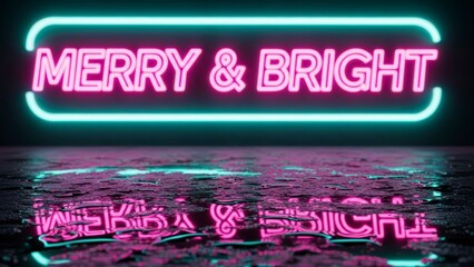 Merry and Bright Neon Sign Reflecting on Water Surface.