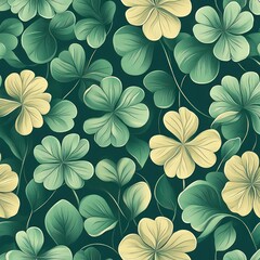 Fototapeta premium Seamless pattern of stylized light and dark green clover leaves on dark green background creating a natural, calming botanical design